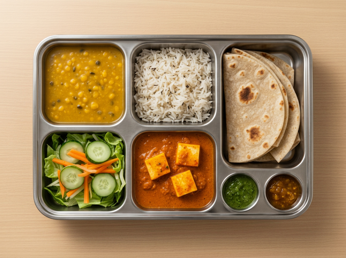 Indian vegan tiffin with curry, daal, rice, rotis, salad and pickle